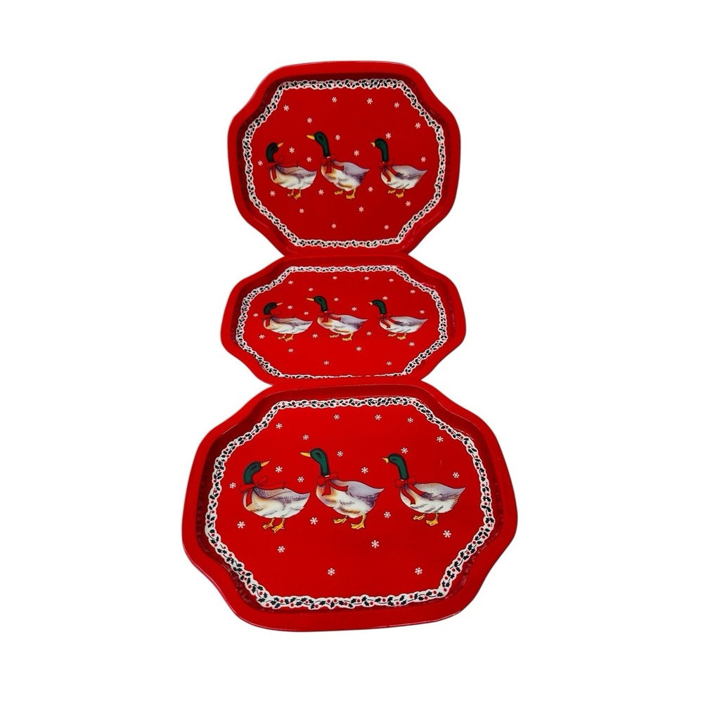 Christmas Tin Serving Trays Vintage Metal Holiday‎ Goose Pattern Cookie Set Of 3
